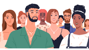 Graphic of 8 people of different complexions, hair color, and style. They represent the diversity of Latines.